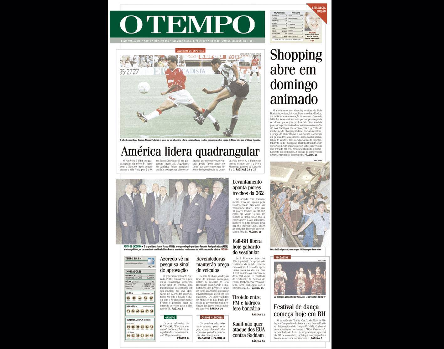 Capa do jornal O TEMPO no dia 17.11.1997; resgate do acervo marca as comemorações dos 25 anos da publicação