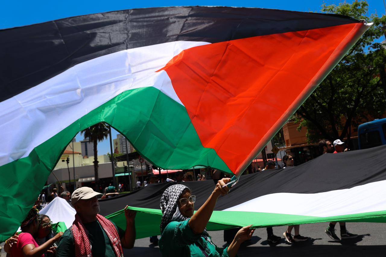 Bandeira da Palestina erguida durante manifestação