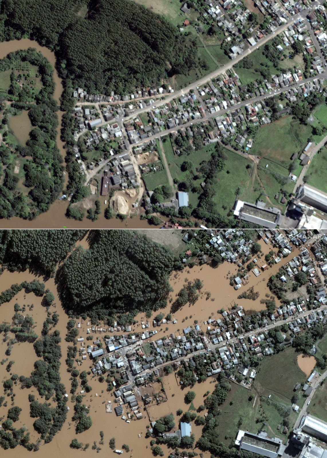 Visão geral do rio Taquari antes das enchentes (topo), em 15 de setembro de 2023 e após as enchentes, em 7 de maio de 2024, em Taquari, Rio Grande do Sul