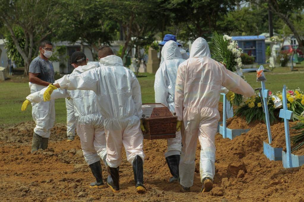 Coveiros carregam o caixão de uma vítima de Covid-19 no Brasil