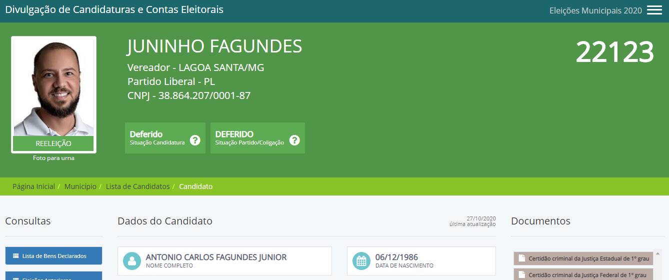 Registro de candidatura de Juninho Fagundes (PL).
