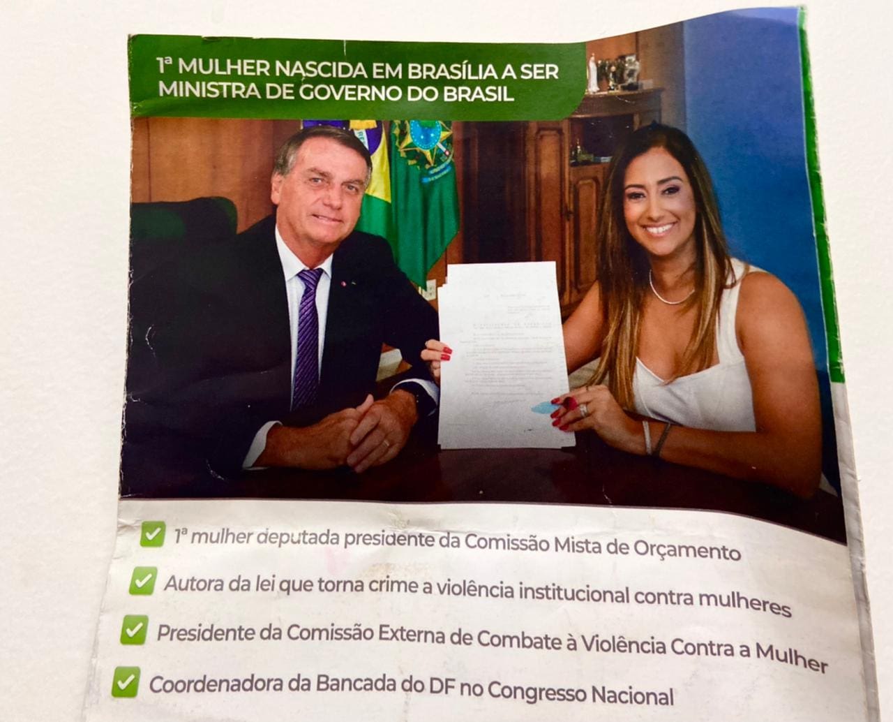 Na imagem, folheto de prestação de costas da ex-ministra Flávia Arruda (PL-DF)
