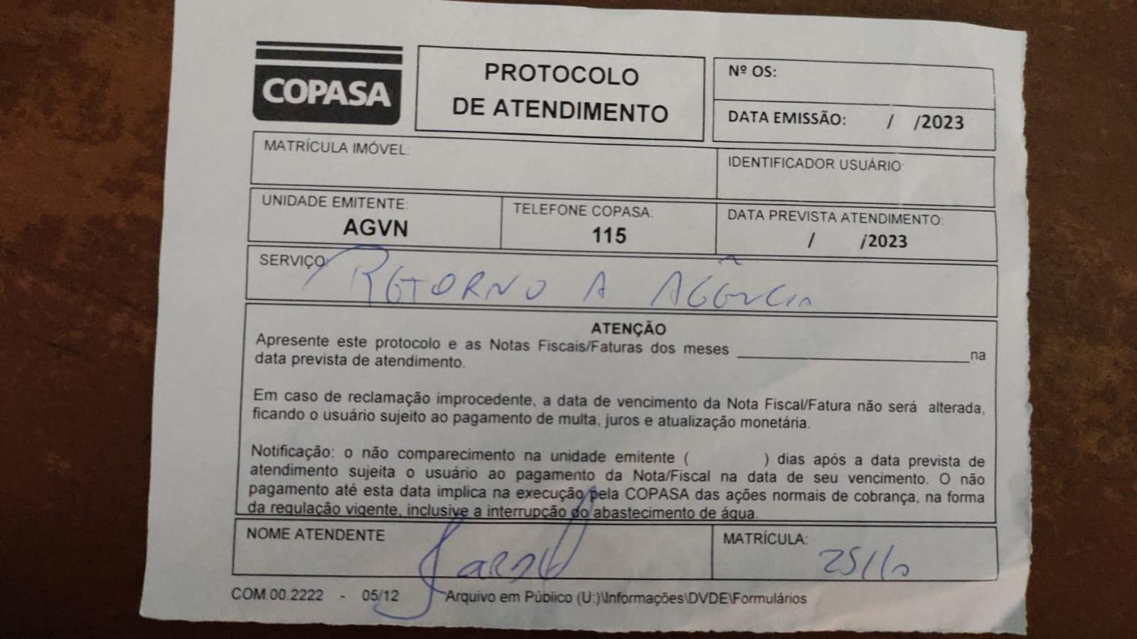 Protocolo atendimento Copasa