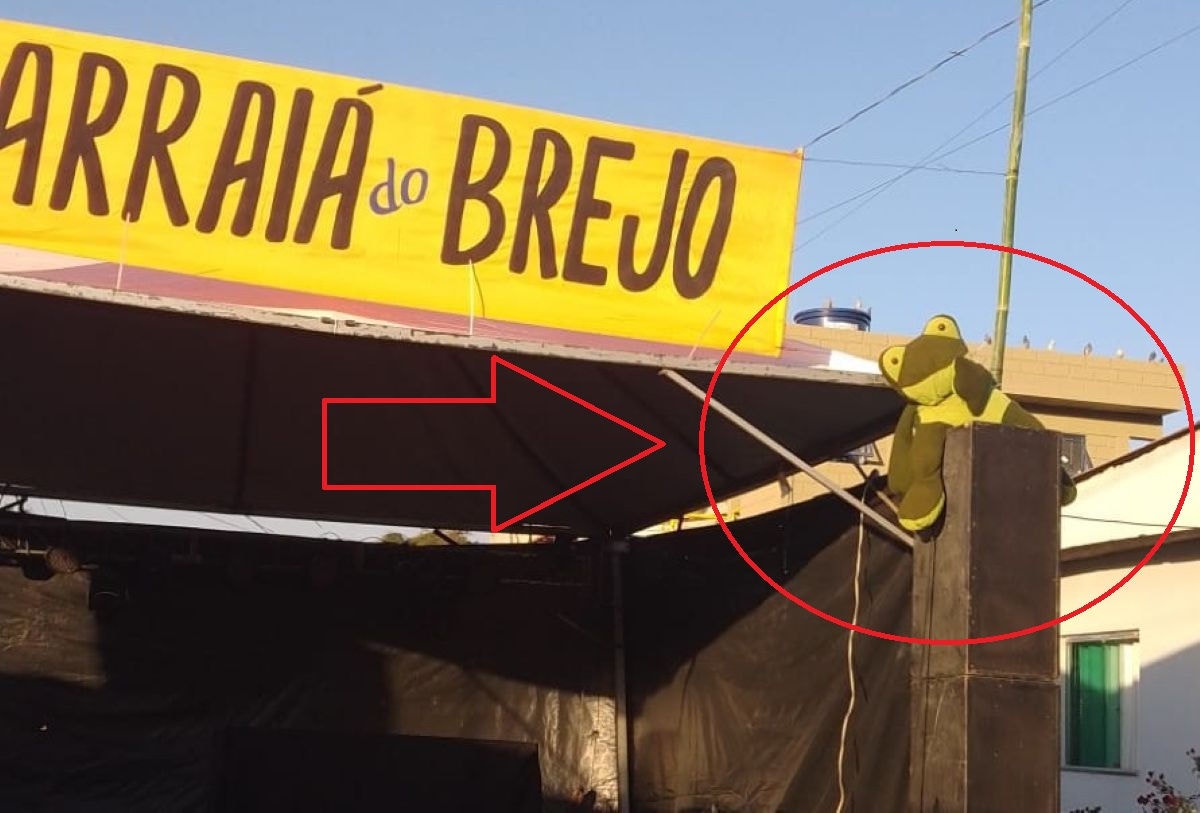 Perereca de pelúcia foi pendurada no palco como parte da decoração do Arraial do Brejo