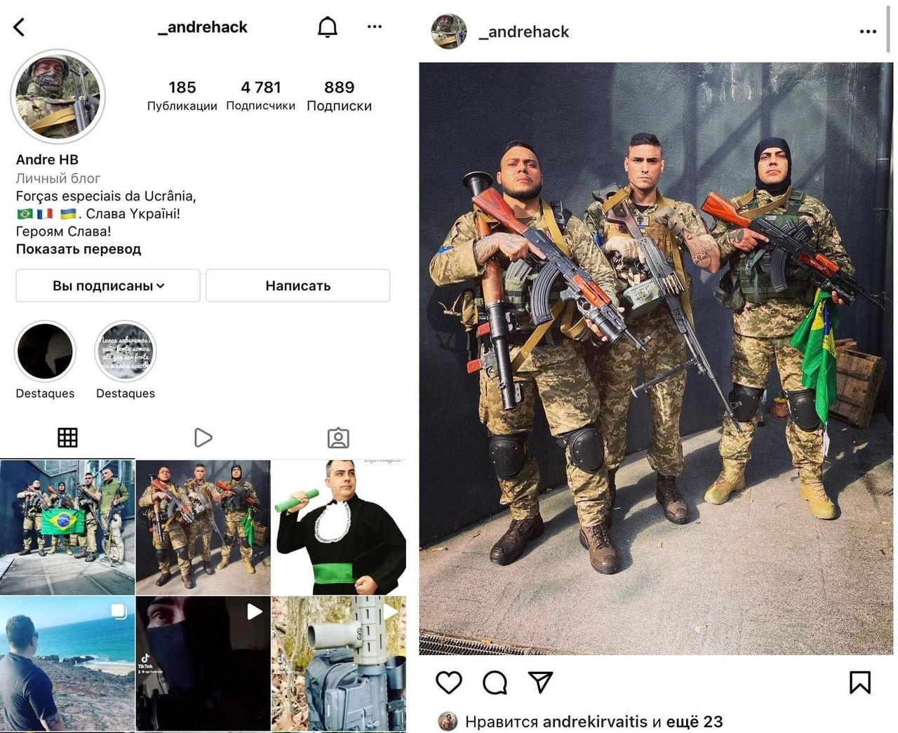 Homem que no Instagram se identifica como brasileiro posta foto como voluntário na guerra da Ucrânia