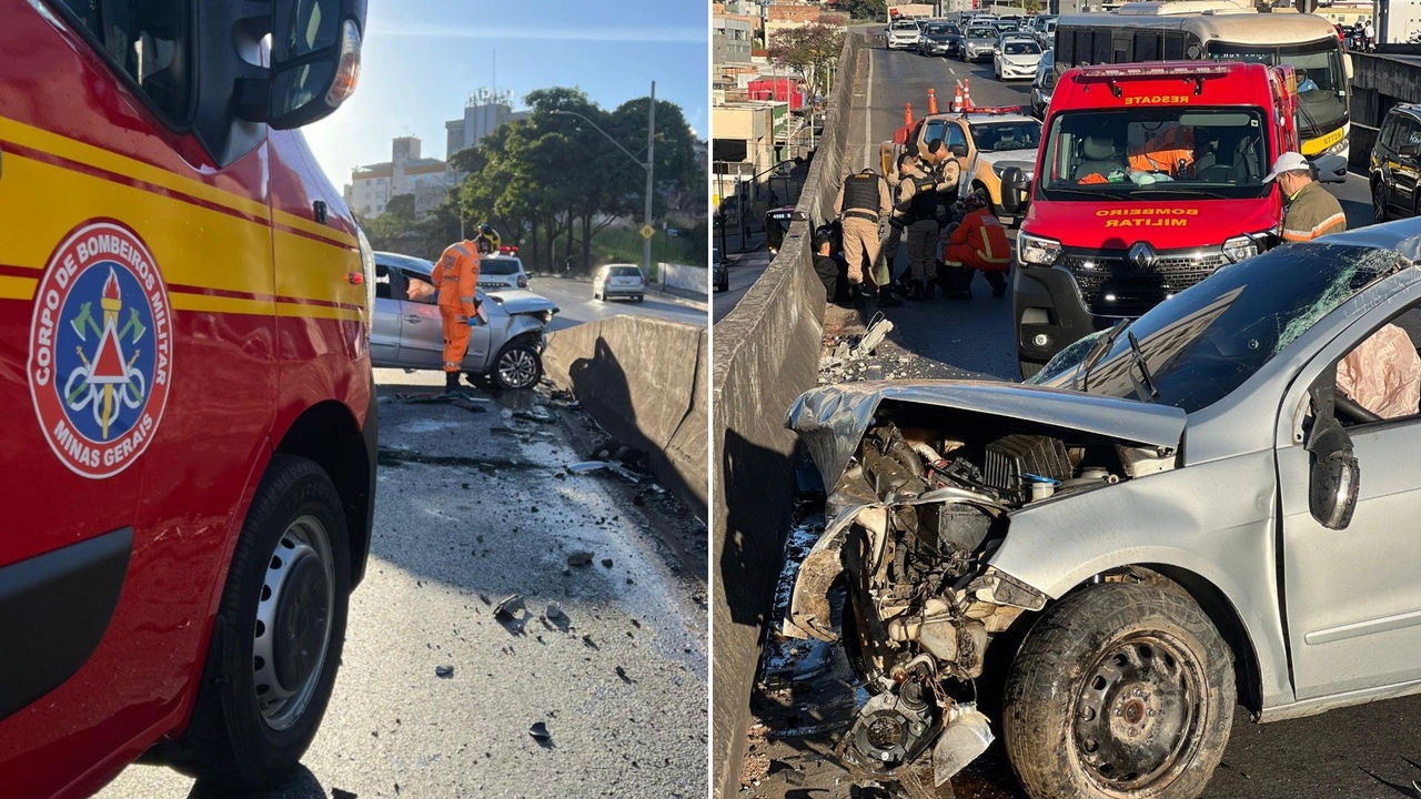 Carro teve a frente destruída após bater em mureta na avenida Cristiano Machado