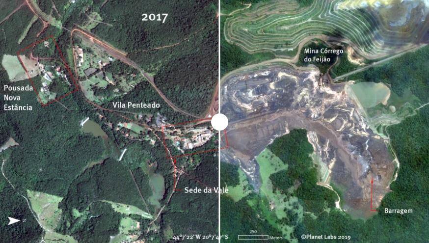Satélite mostra como era Brumadinho antes e depois do rompimento