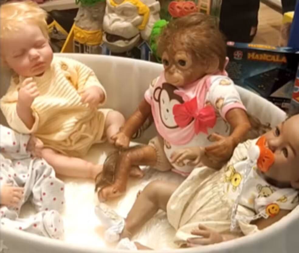Loja disponibilizada duas bonecas brancas ao lado de um macaco preto e uma boneca preta