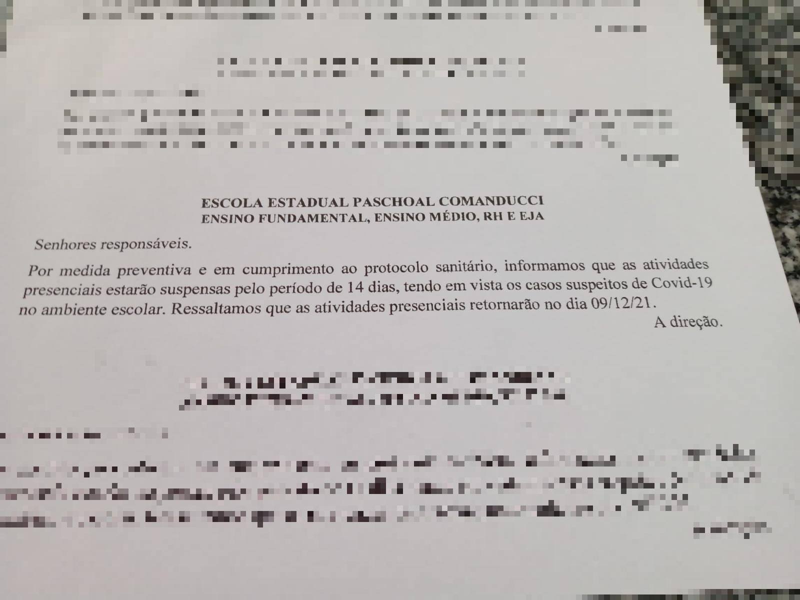 Aviso Escola Estadual Paschoal Comanducci