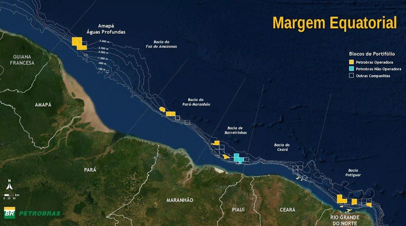 Mapa do plano da Petrobras: A Margem Equatorial Brasileira, área com potencial de exploração de 14 bilhões de barris de petróleo, compreende a região litorânea do Amapá até o Rio Grande do Norte
