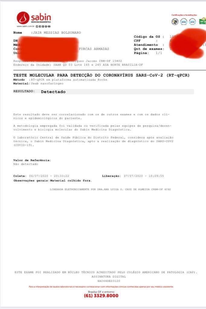 Exame positivo de Bolsonaro para o novo coronavírus