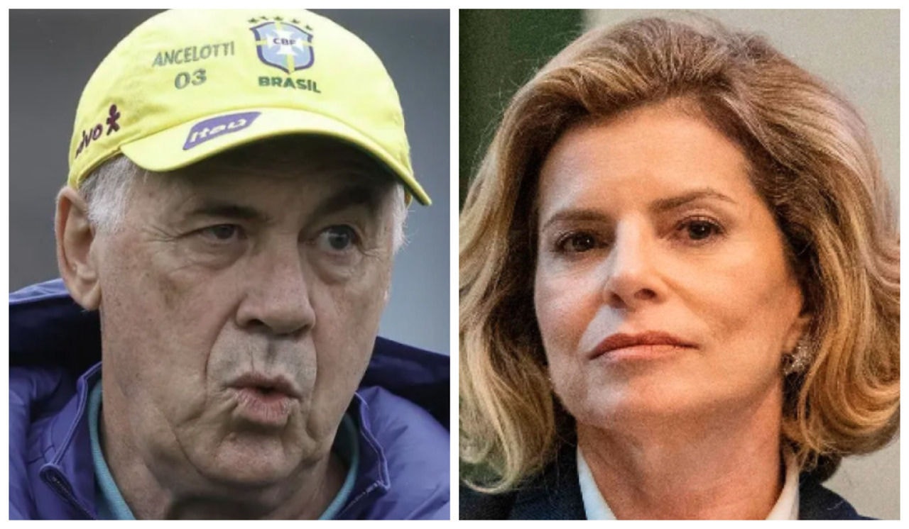 O técnico da seleção Carlo Ancelotti e  a vilã Odete Roitman (Débora Bloch)