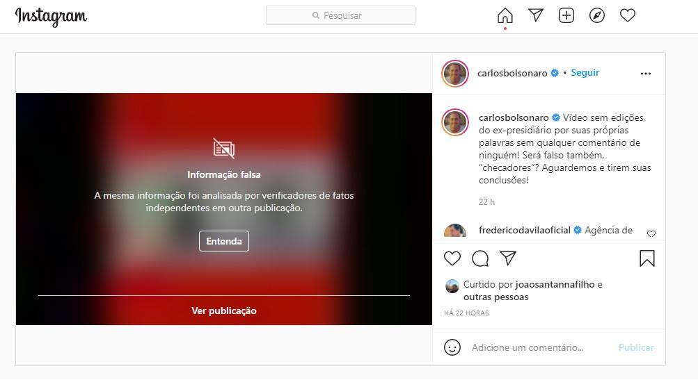 Publicação de Carlos Bolsonaro foi sinalizada como falsa pelo Instagram