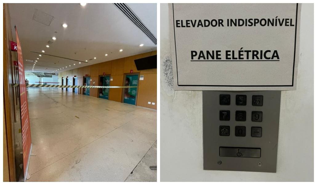 Foto mostra recado sobre problema nos elevadores e faixa isolando o local