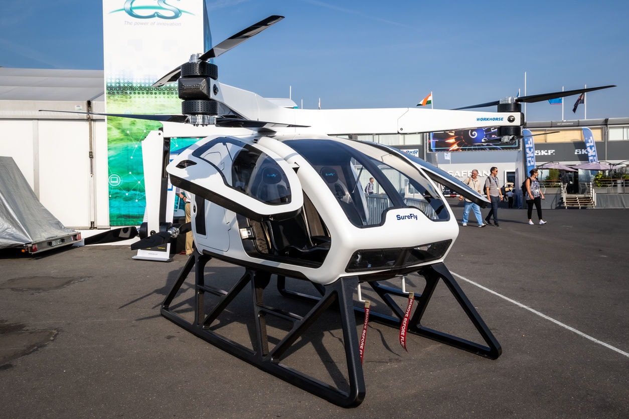 Workhorse SureFly two-seat hybrid  electric vertical take-off and landing (eVTOL) aircraft on display. Le Bourget, France - June 22, 2017