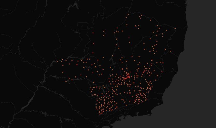 Mapa de casos de coronavírus em MG
