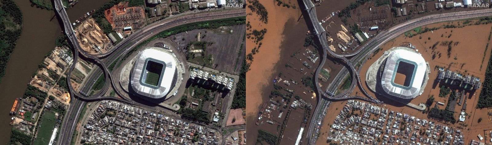 Estádio Beira-Rio antes e depois de enchente
