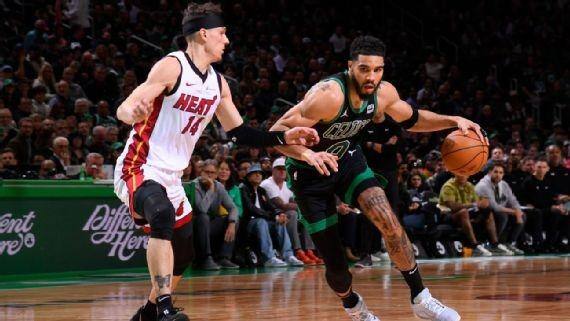 Tatum em ação durante vitória avassaladora sobre o Heat