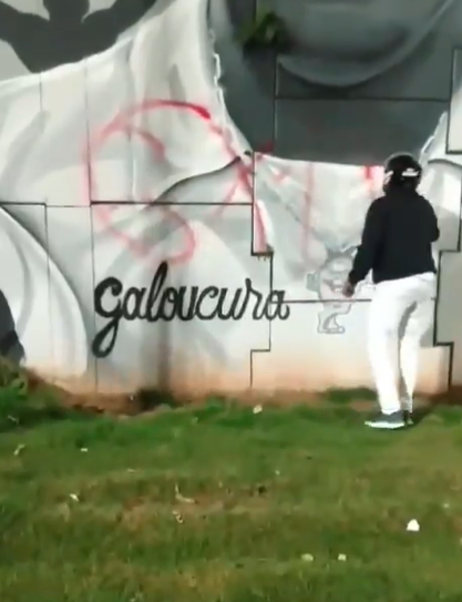 Nas imagens é possível ver pichadores usando um spray vermelho para vandalizar os grafites