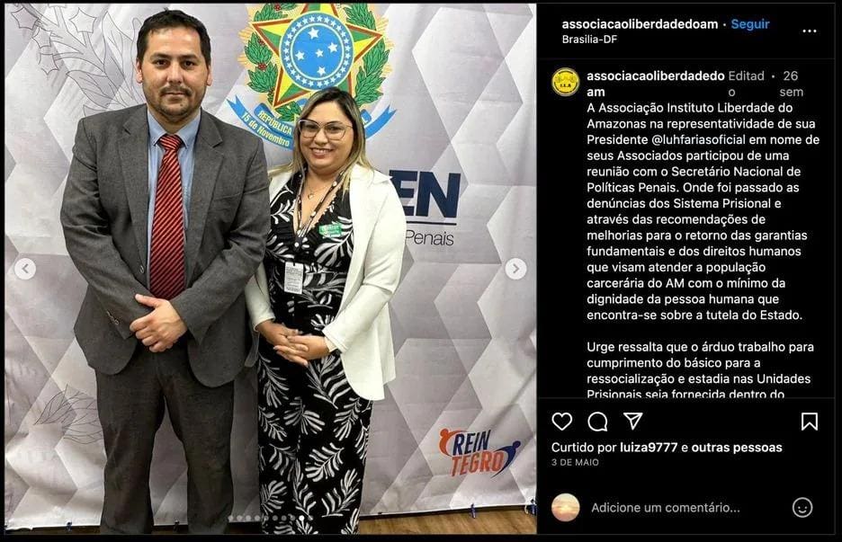 Luciane Barbosa Faria e o secretário nacional de Políticas Penais do Ministério da Justiça, Rafael Velasco Brandani
