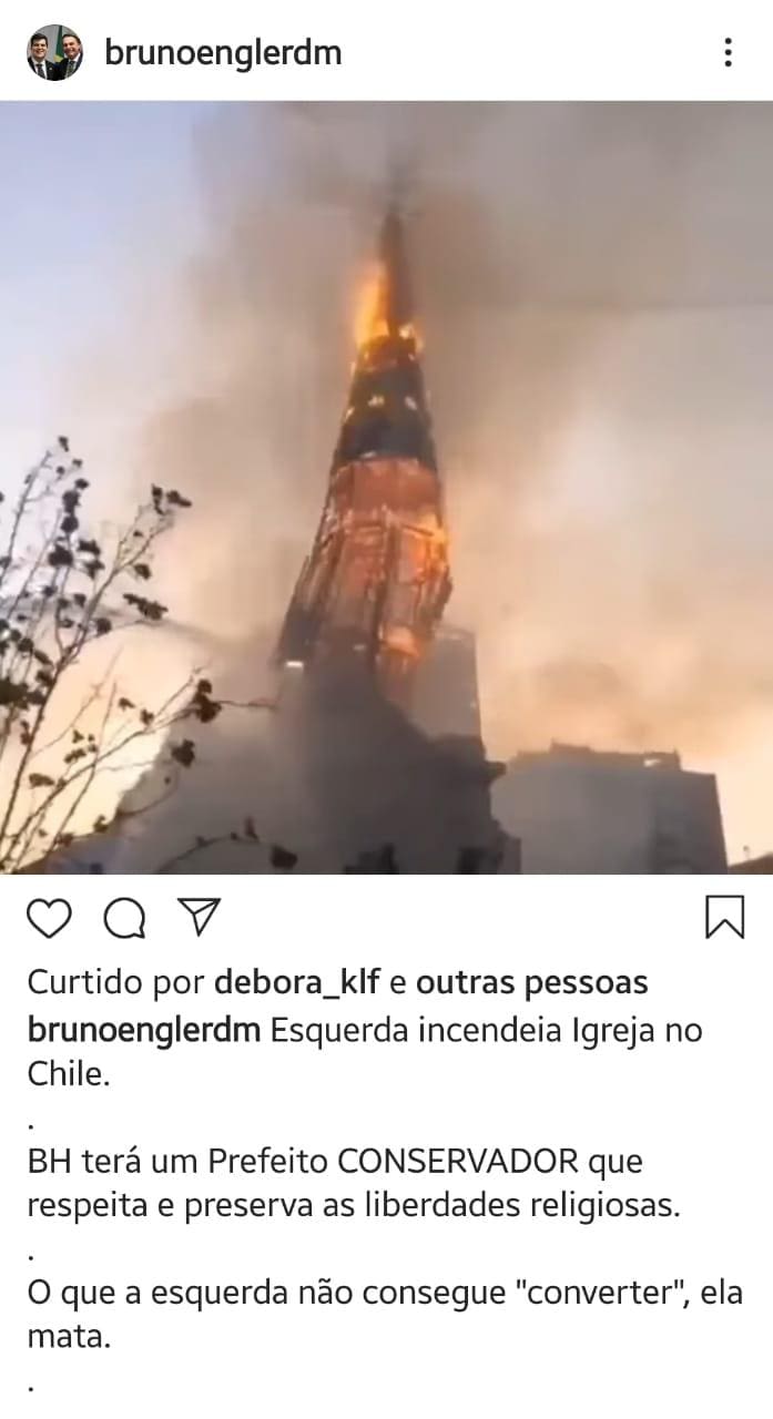 Print da postagem do candidato a prefeito de Belo Horizonte, Bruno Engler