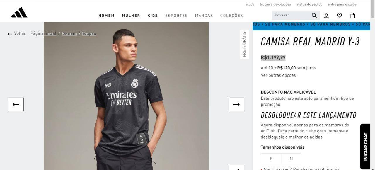 Camisa do Real Madrid à venda no site brasileiro da Adidas