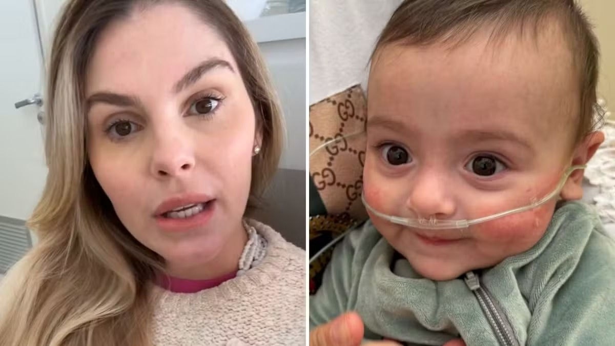 Bárbara Evans e seu filho Antônio, que está internado com bronquiolite