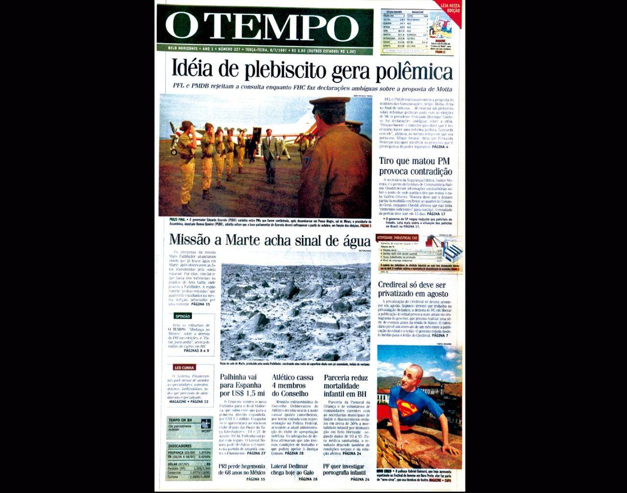 Capa do jornal O TEMPO no dia 8.7.1997; resgate do acervo marca as comemorações dos 25 anos da publicação