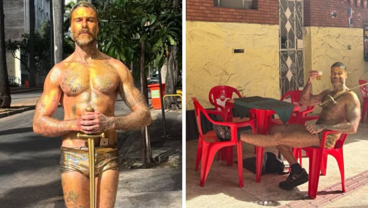 Pintado de dourado da cabeça aos pés, Chico Felitti curtiu o Carnaval de BH fantasiado de estatueta do Oscar