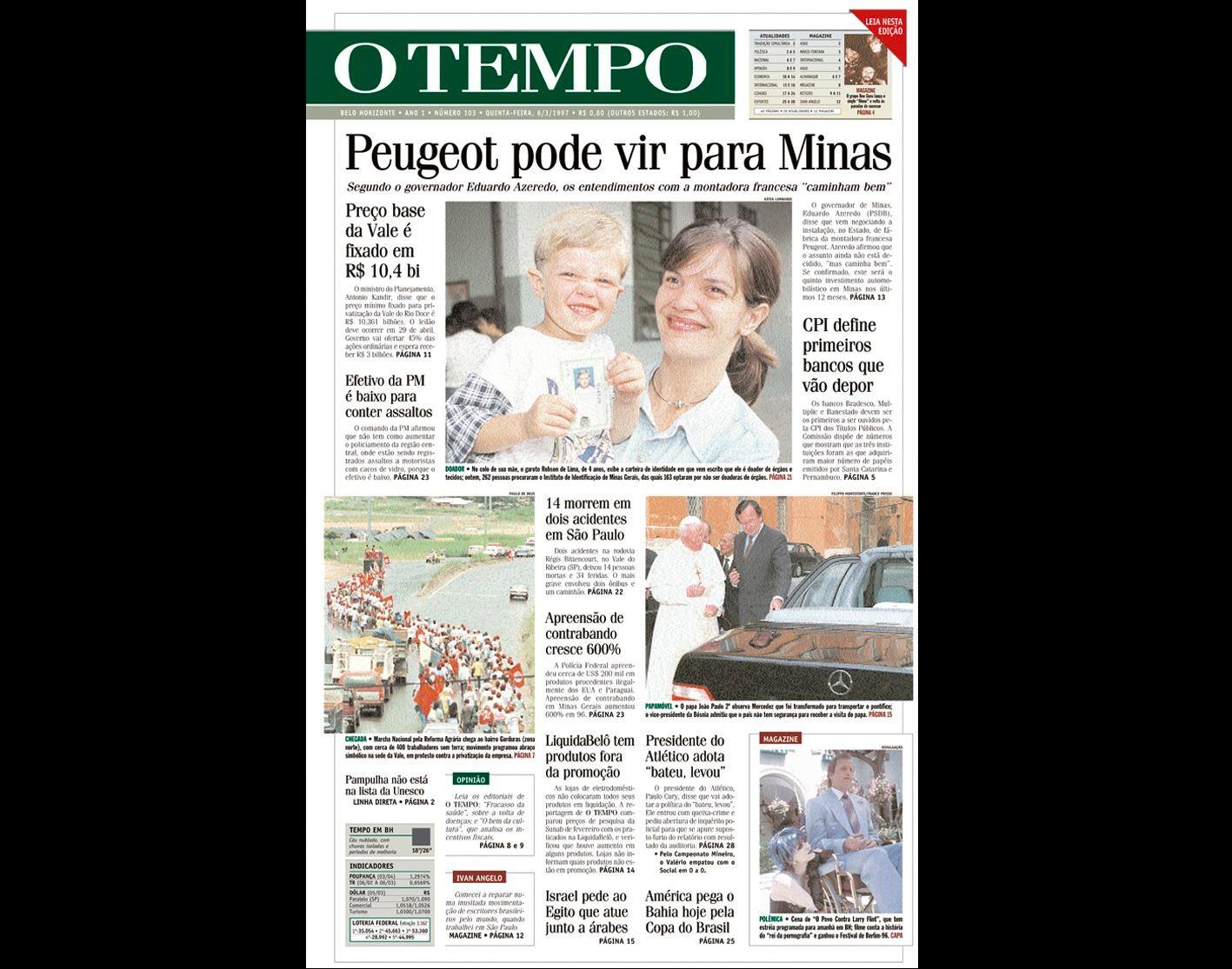 Capa do jornal O TEMPO no dia 631997; resgate do acervo marca as comemorações dos 25 anos da publicação