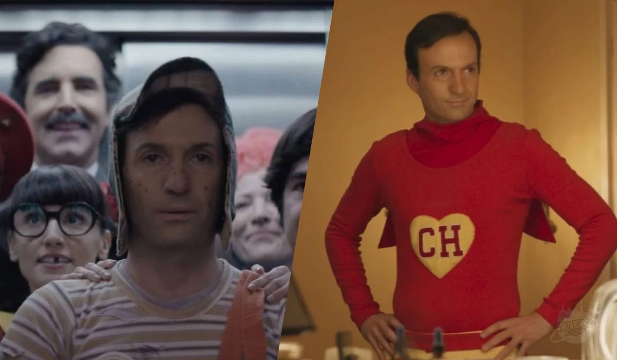 Pablo Cruz Guerrero como Roberto Gómez Bolaños em duas cenas em que se veste de Chaves (esquerda) e Chapolin Colorado (direita).