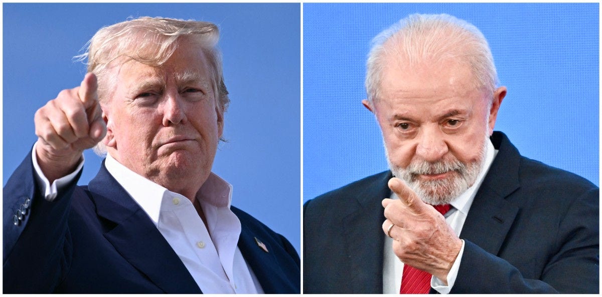 (COMBO) This combination of file pictures created on July 31, 2025 shows Brazilian President Luiz Inacio Lula da Silva (R) gesturing in the launch of the government's digital platform project for citizens at the Planalto Palace in Brasilia, on July 23, 2025, and US President Donald Trump pointing as he boards Air Force One at RAF Lossiemouth, north-east Scotland on July 29, 2025 at the end of his trip to Scotland. Brazil vowed on July 31, 2025, to combat US President Donald Trump's tariffs on its exports, saying it intends to lodge appeals if last-ditch negotiations fail. (Photo by Evaristo SA and Brendan SMIALOWSKI / AFP)