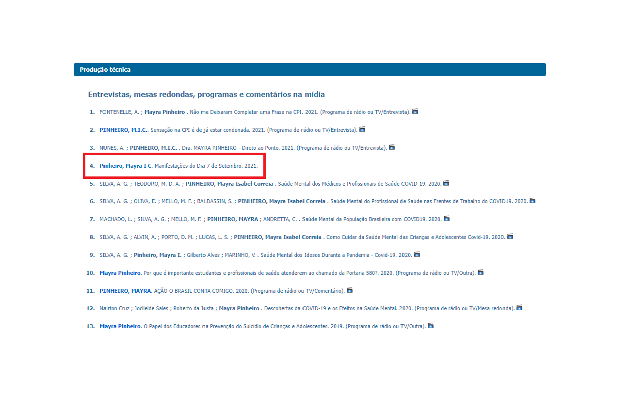 Currículo da secretária do Ministério da Saúde, Mayra Pinheiro, na Plataforma Lattes