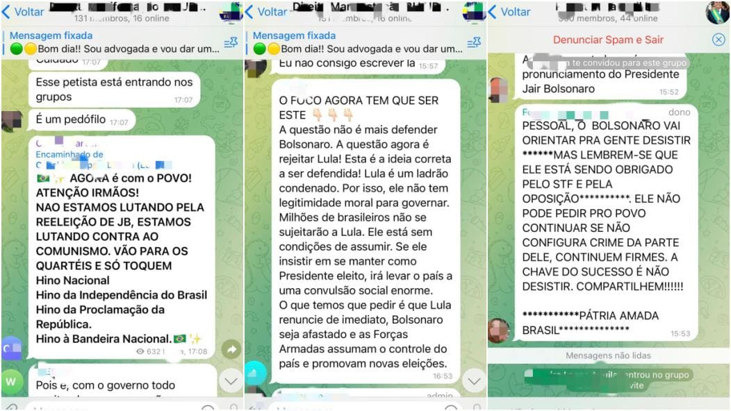 Mensagens de grupos bolsonaristas no Telegram defendem golpe das Forças Armadas, renúncia de Lula e afastamento do atual presidente