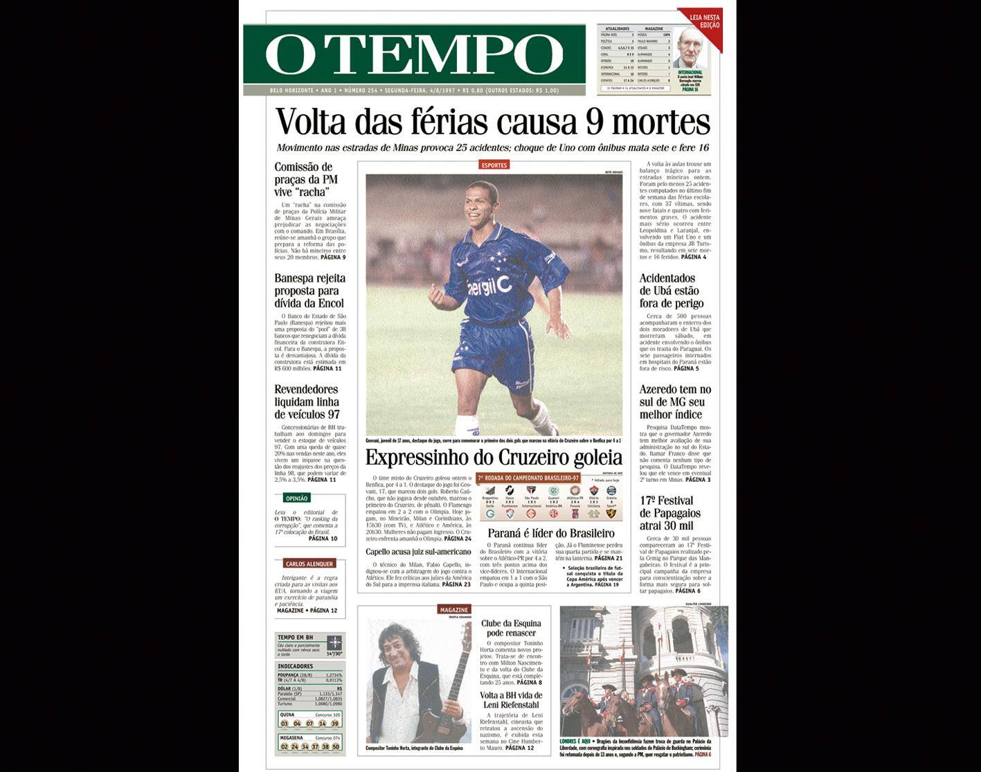 ALT Capa do jornal O TEMPO no dia 481997; resgate do acervo marca as comemorações dos 25 anos da publicação