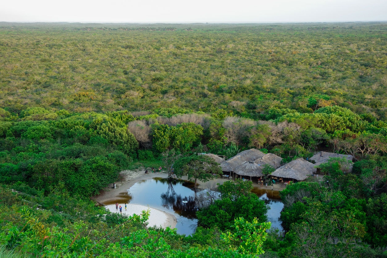 Indigenous tribe in the middle of the Amazon rainforest, in Brazil. panoramic. High quality photo