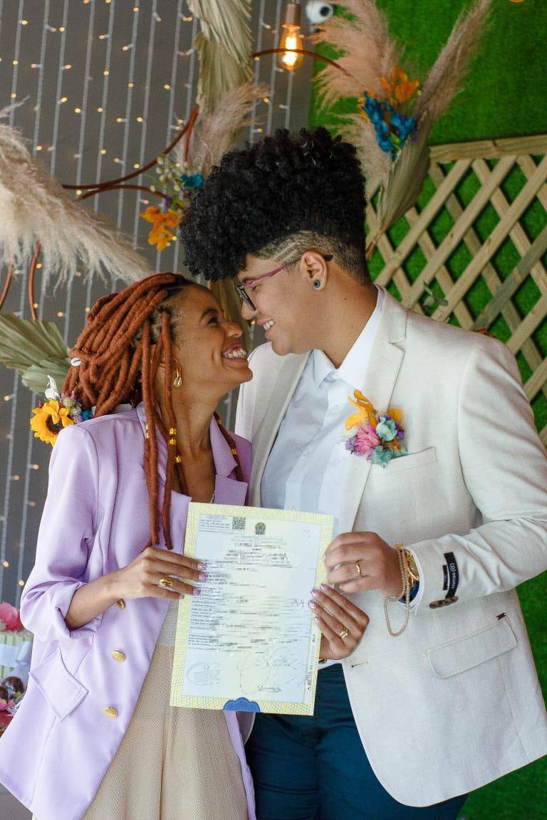 Angel Jackson e Cristiane Gonçalves se casaram no último dia 24, no mês do Orgulho LGBTQIA+, em Betim, na Região Metropolitana de Belo Horizonte