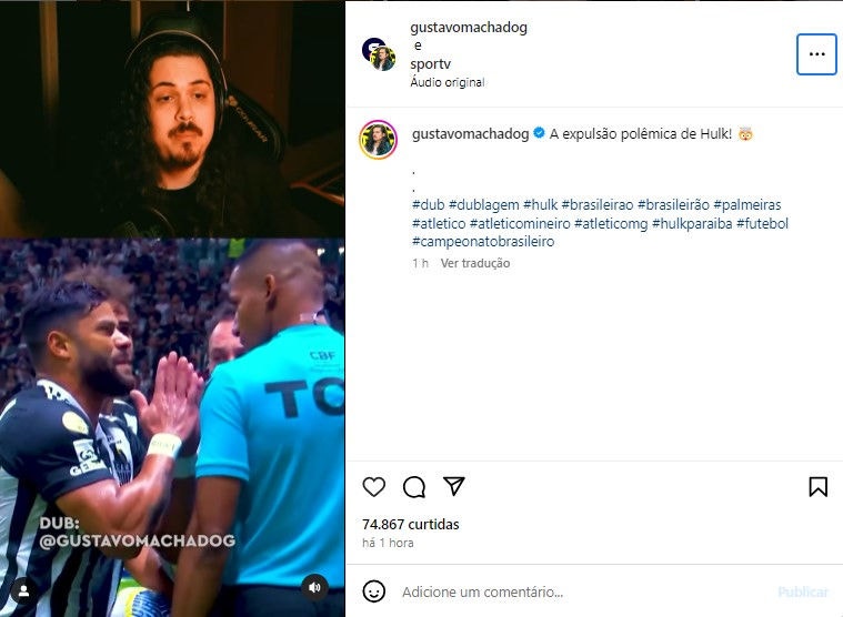 Dublador reproduz falas de Hulk na expulsão contra o Palmeiras