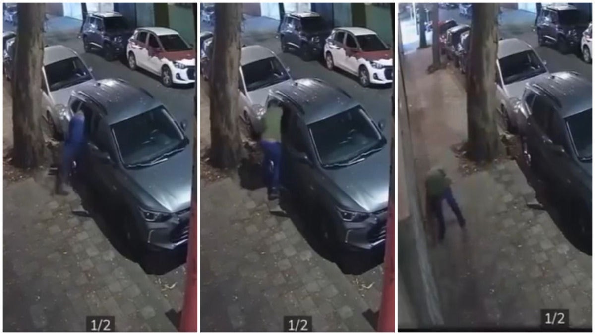 O homem observa o carro, quebra o vidro e furta duas mochilas. 