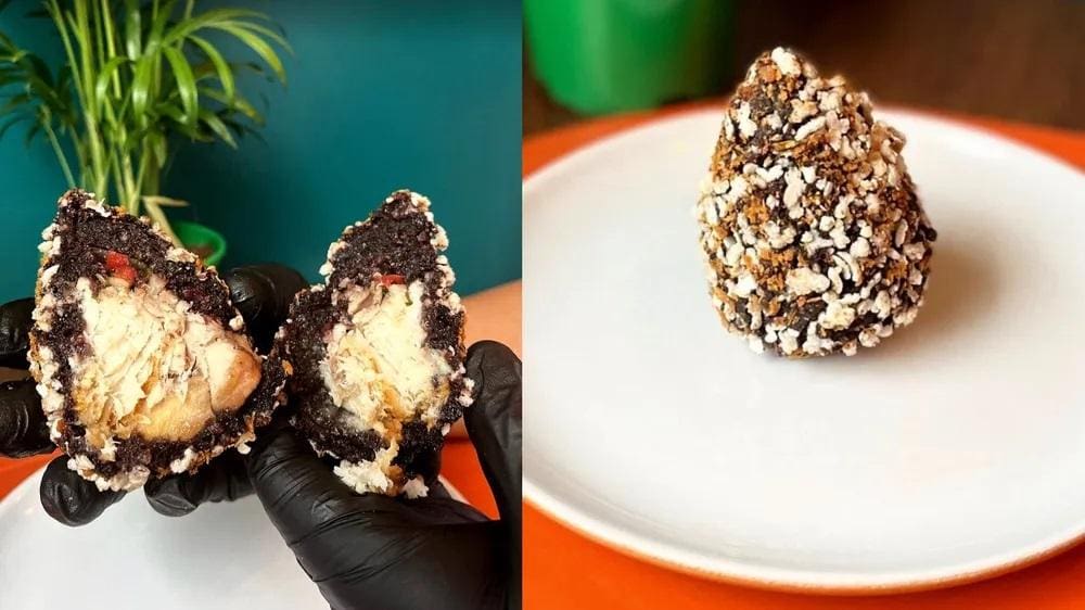 Coxinha com massa de açaí e recheio de peixe frito