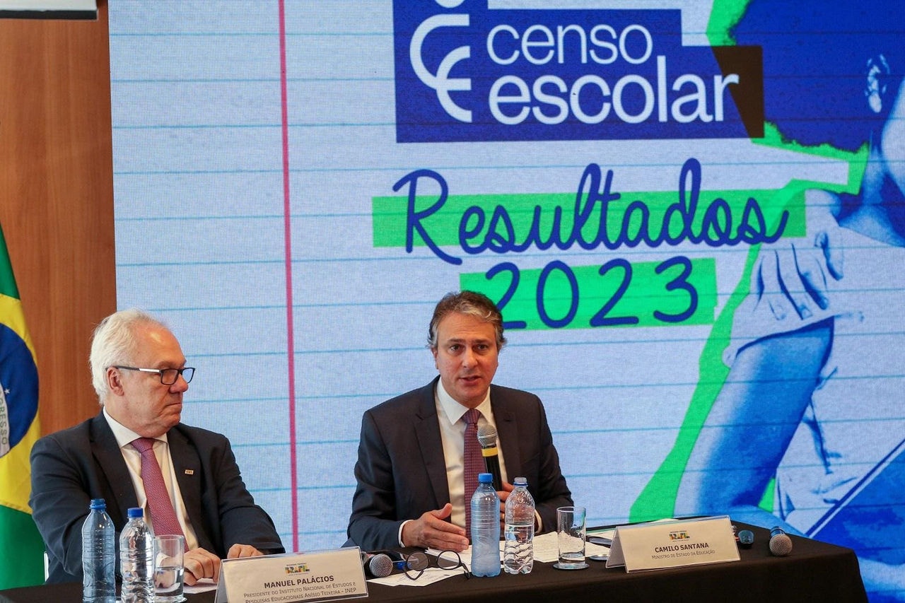 O presidente do Inep, Manuel Palacios, e o ministro da Educação, Camilo Santana, na apresentação do Censo Escolas 2023