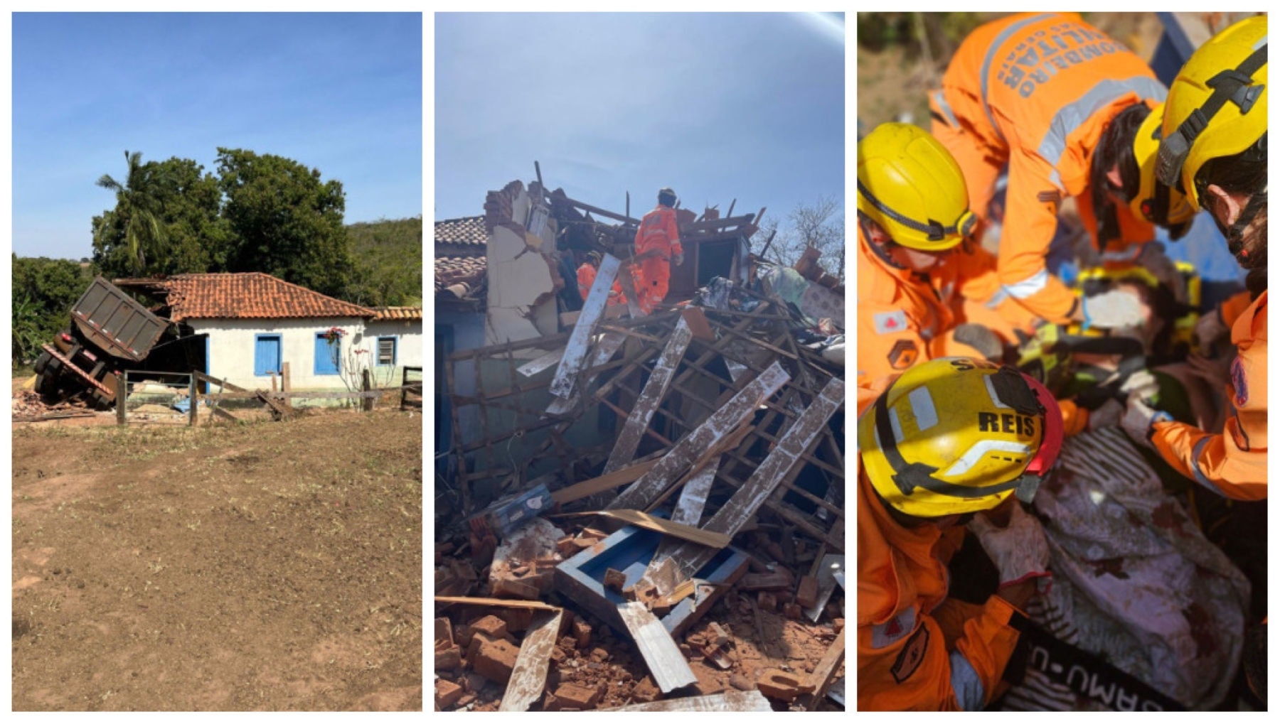 Idosa ficou soterrada e foi resgatada pelos bombeiros após caminhão desgovernado atingir casa
