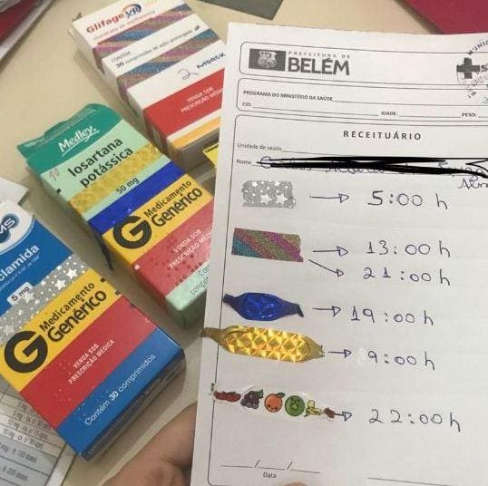Receita com etiquetas para paciente não errar na hora de tomar os medicamentos