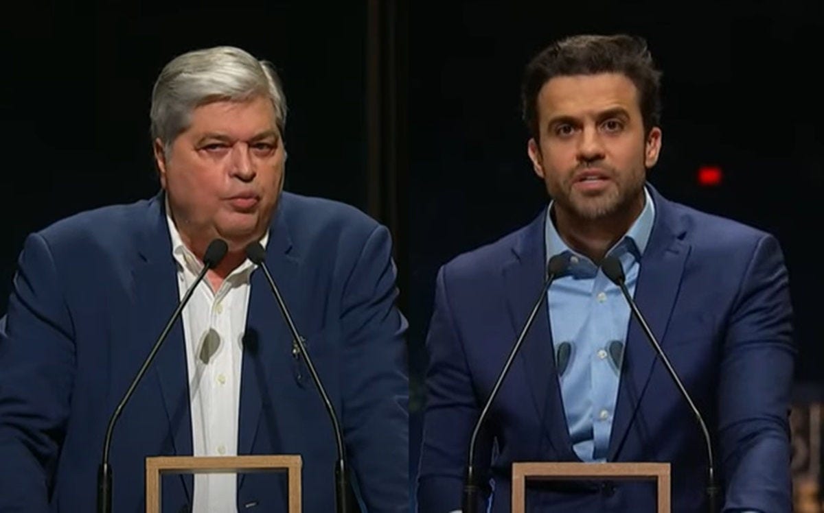José Luiz Datena e Pablo Marçal antes de episódio de agressão no debate da TV Cultura, na noite de domingo (15)