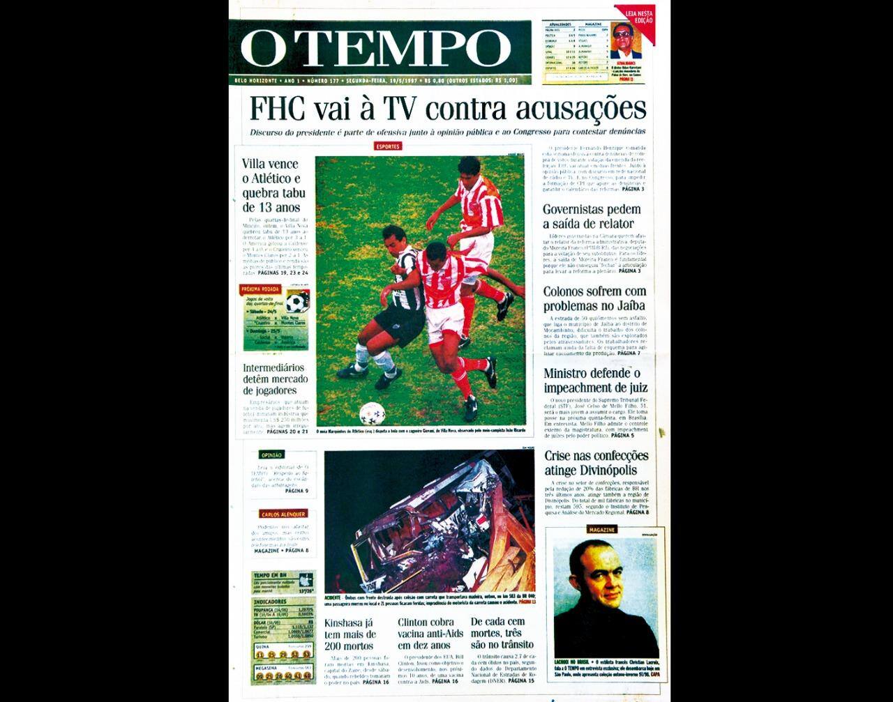 Capa do jornal O TEMPO no dia 19.5.1997; resgate do acervo marca as comemorações dos 25 anos da publicação