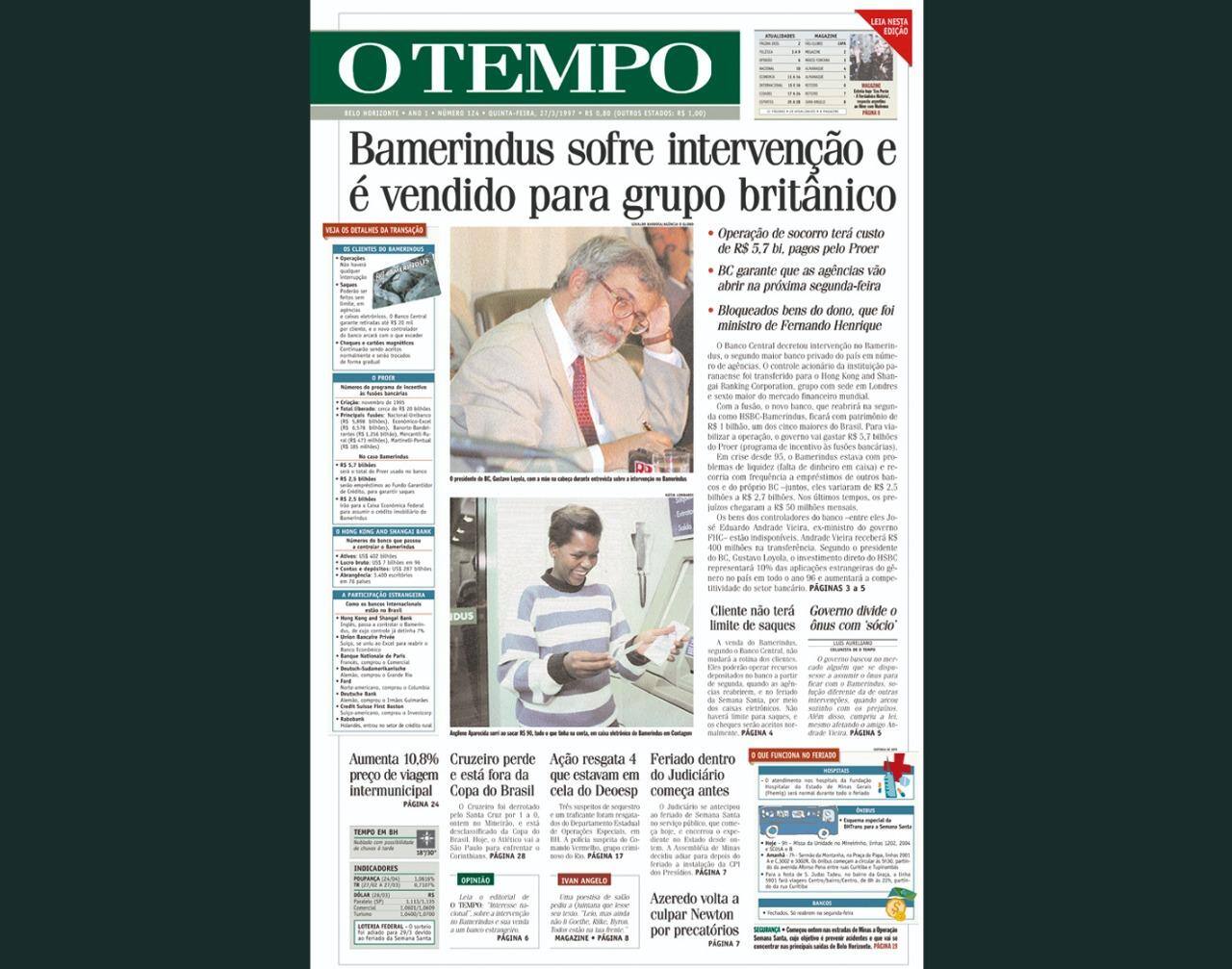 Capa do jornal O TEMPO no dia 2731997; resgate do acervo marca as comemorações dos 25 anos da publicação