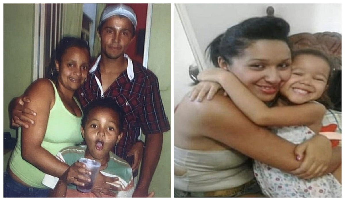 Charlys ao lado da esposa e do enteado (esquerda) e Hanna com a filha, que tinha 5 anos na época do acidente (direita)