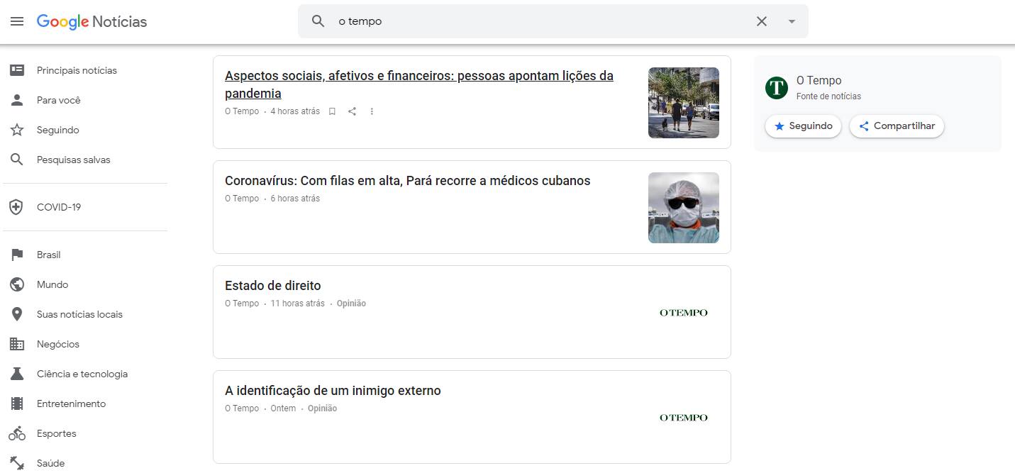 Canal do portal O Tempo no Google News