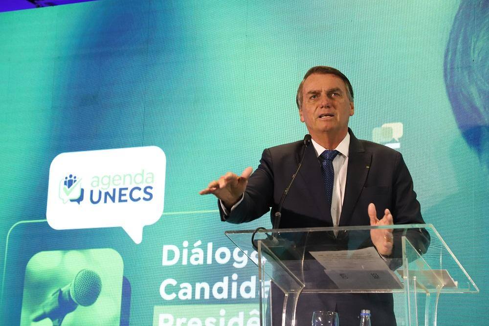 Presidente Jair Bolsonaro (PL) em evento de campanha com empresários do setor de comércio e serviços, nesta terça-feira (30), em Brasília (DF)