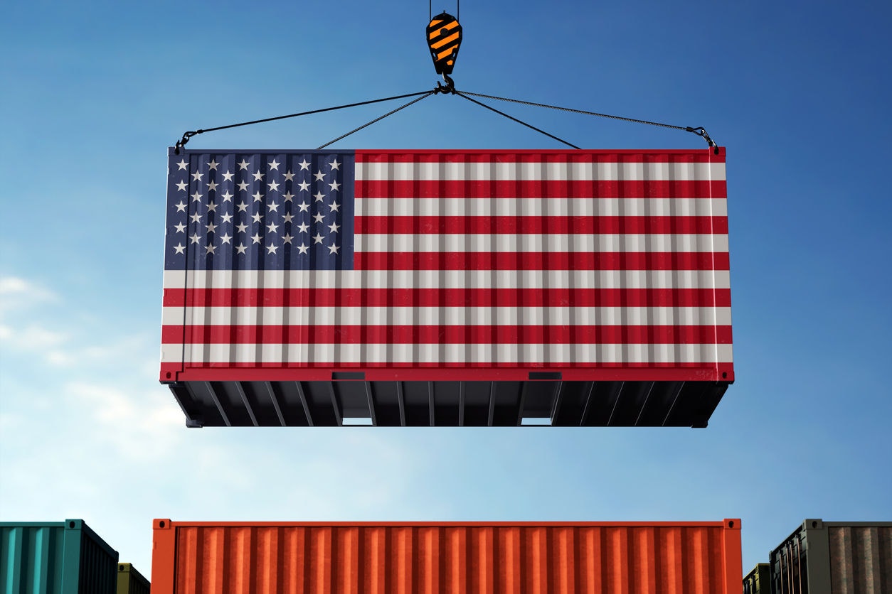 United States trade cargo container hanging against clouds background
